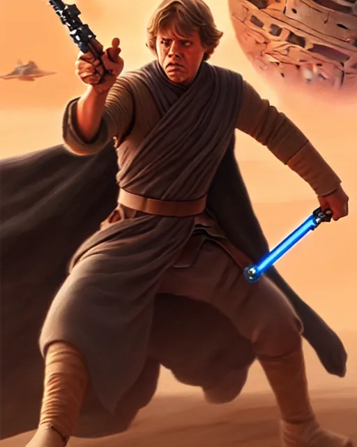 Image similar to luke skywalker fighting in tatooine, fantasy character portrait, ultra realistic, concept art, intricate details, highly detailed by james bamaruan jia and mandy jurgens and artgerm and william adolphe bouguereau and frank frazetta