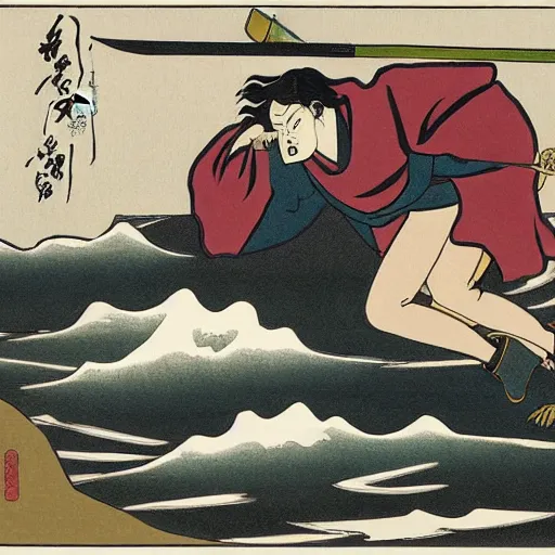 Prompt: Harry Styles fighting Beyoncé with a katana sword, in the style of Hokusai