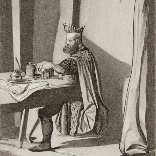 Prompt: traditional illustration by james edwin mcconnell, well shaded, portrait of king arthur leaning over a table