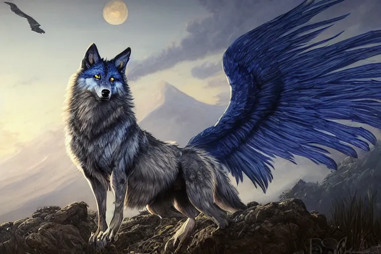 Image similar to Blue feathered wolf with wings on a beautiful fantasy landscape, hills, mountains, moonlit, HD, illustration, epic, D&D, fantasy, intricate, elegant, highly detailed, digital painting, artstation, concept art, smooth, sharp focus, illustration, art by artgerm and greg rutkowski and alphonse mucha