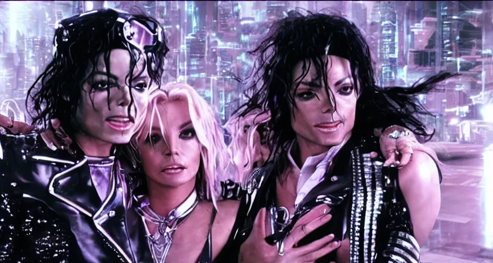 Image similar to Michael Jackson and Britney Spears cyberpunk car music video