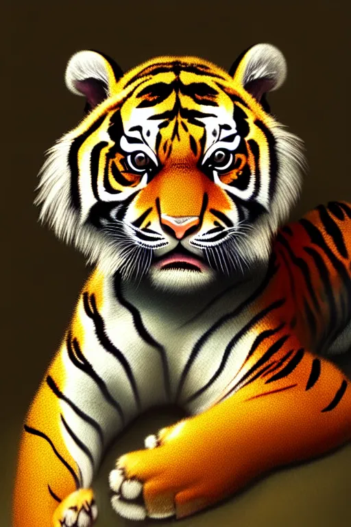 Prompt: clear portrait of a baby tiger, cottagecore!!, background hyper detailed, character concept, full body, dynamic pose, glowing lights!! intricate, elegant, highly detailed, digital painting, artstation, concept art, smooth, sharp focus, illustration, art by artgerm and greg rutkowski and alphonse mucha