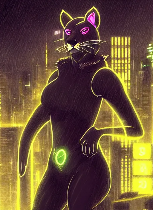 Image similar to beautiful portrait commission of a female furry anthro mountain lion fursona wearing a police uniform. Cyberpunk city at night in the rain. Neon light. Atmospheric. Character design by charlie bowater, ross tran, artgerm, and makoto shinkai, detailed, inked, western comic book art