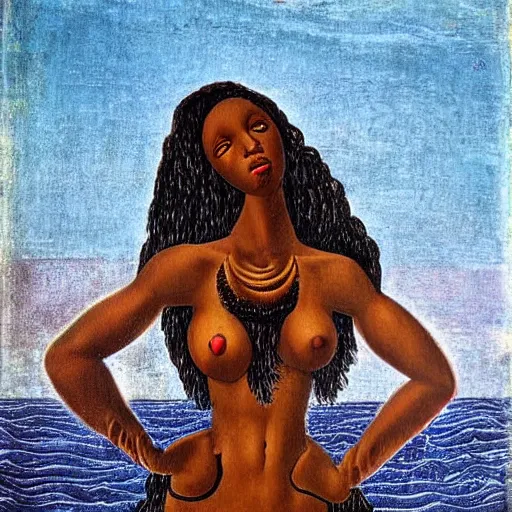 Image similar to full body painting Botticelli Black African goddess rising from the sea, in the style of Botticelli Venus