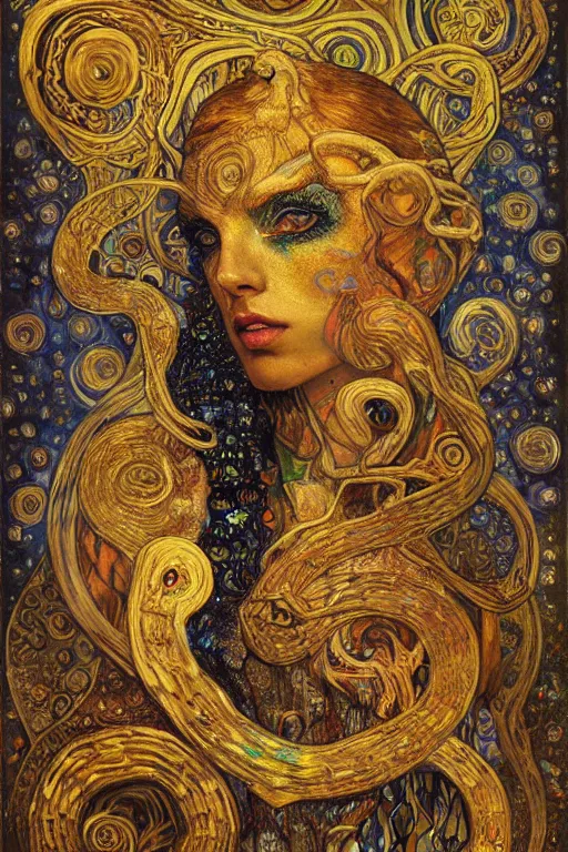 Image similar to Rebirth by Karol Bak, Jean Deville, Gustav Klimt, and Vincent Van Gogh, portrait of a sacred serpent, Surreality, radiant halo, shed iridescent snakeskin, otherworldly, fractal structures, arcane, ornate gilded medieval icon, third eye, spirals