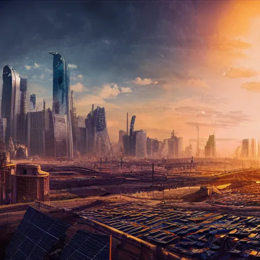 Prompt: solar punk, city panorama,beautiful sunset,organic growth, panoramic,boris vallejo,luis royo,michael whelan,photorealistic,unreal engine 5,octane render,detailed