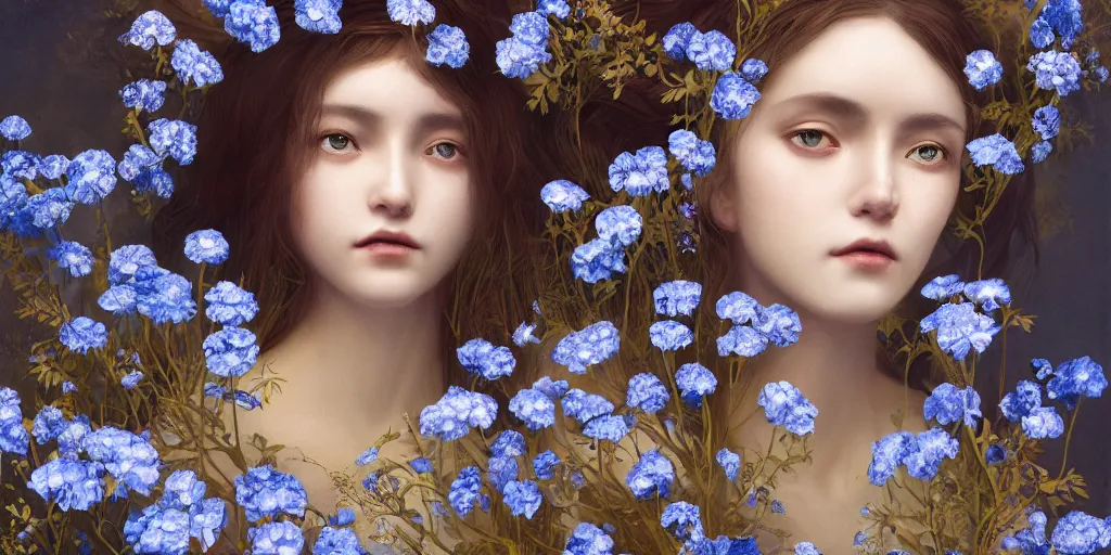 Image similar to breathtaking detailed concept art painting portrait of the goddess of nemophila flowers, orthodox saint, with anxious piercing eyes, ornate background, amalgamation of leaves and flowers, by hsiao - ron cheng, extremely moody lighting, 8 k