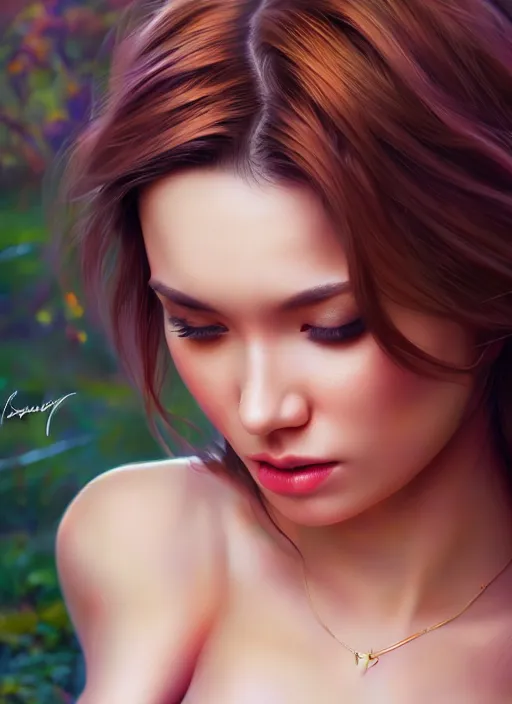 Image similar to photo of a gorgeous female in the style of stefan kostic, realistic, professionally, professionally color graded, half body shot, sharp focus, 8 k high definition, insanely detailed, intricate, elegant, art by stanley lau and artgerm, blurred forest in background