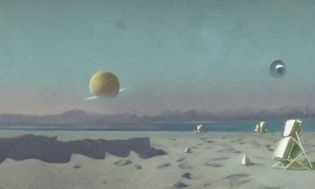 Prompt: A faded 1960s retro-futuristic postcard from a beach resort on Saturn\'s moon Hyperion, digital painting, by greg rutkowski, trending on artstation