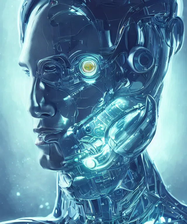 Prompt: a man turning into an Android portrait wearing a part cybernetic body, surrealism , scifi, intricate, elegant, sharp eyebrows, highly detailed cybernetic body, neon glowing eyes, digital painting, artstation, concept art, smooth, sharp focus, illustration, art by Artgerm and moebius and Peter Mohrbacher