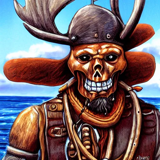 Image similar to anthropomorphic moose pirate humanoid by james gurney, pirate ship, sea, fantasy