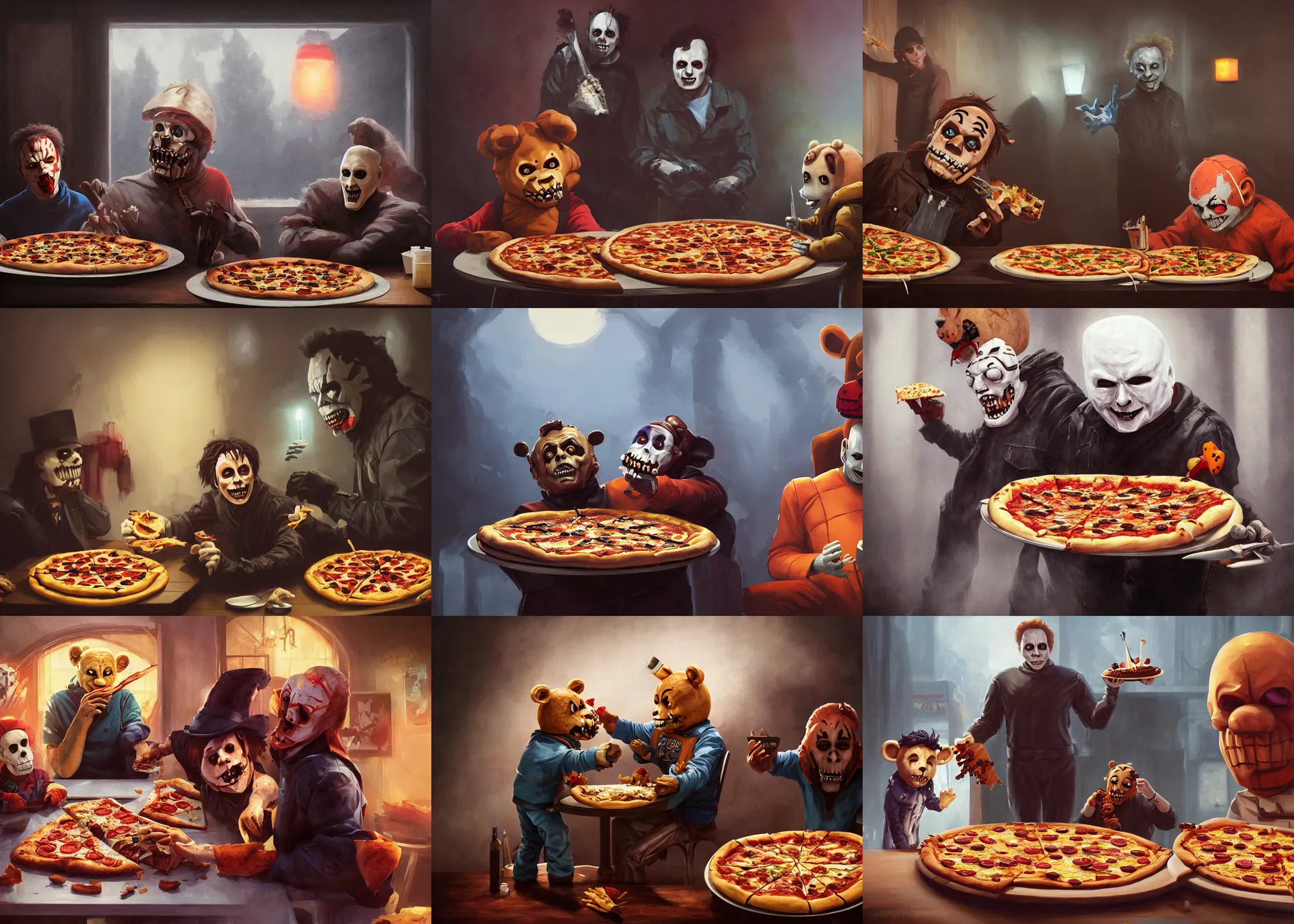 Prompt: painting of Michael Myers and Freddy Fazbear eating a delicious pizza, tables, happy, charming, typical, picturesque, sharp focus, wide shot, trending on ArtStation, masterpiece, by Greg Rutkowski, by Ross Tran, by Fenghua Zhong, octane, soft render, oil on canvas, colorful, cinematic, environmental concept art