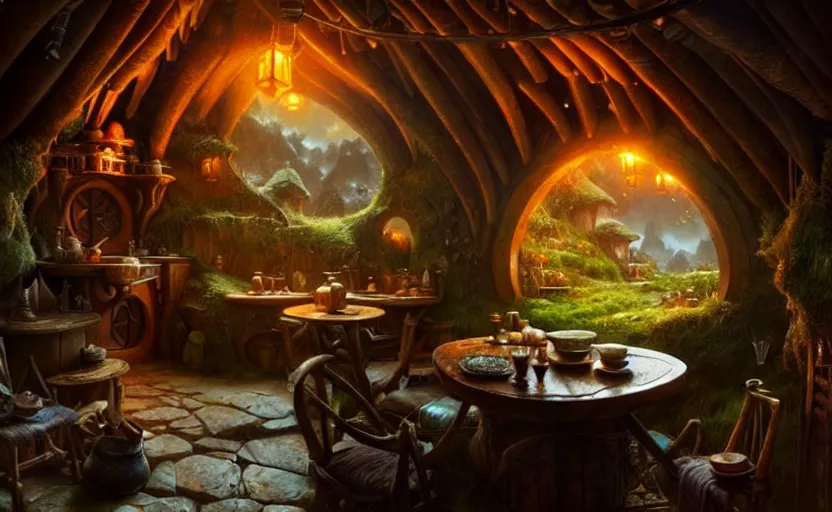 Prompt: hobbit house interior, fantasy atmosphere, intricate, detailed, photorealistic imagery, artstation, by Greg Rutkowski and Gaston Bussiere and Evgeny Lushpin