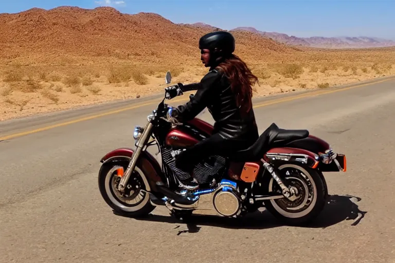 Prompt: riding a harley davidson on a desert road, cinematic