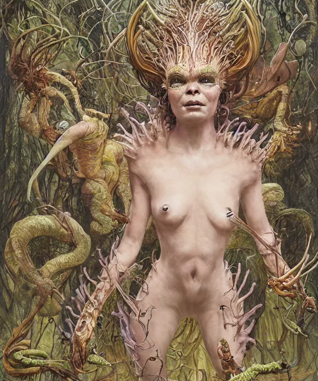 Prompt: a portrait photograph of a fierce bjork as an alien harpy queen with slimy amphibian skin. she is trying on a black latex bulbous slimy organic membrane parasitic catsuit and transforming into an insectoid amphibian. by donato giancola, walton ford, ernst haeckel, brian froud, hr giger. 8 k, cgsociety