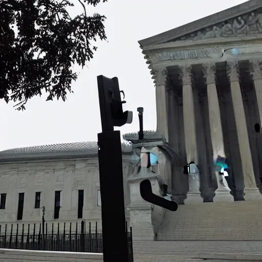 Prompt: Phone camera photo of a guillotine outside the supreme court