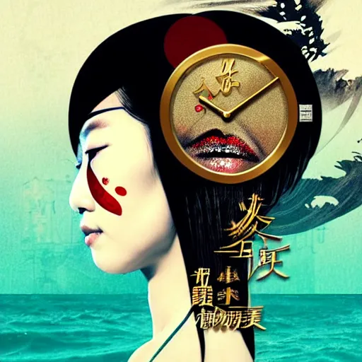 Image similar to portrait and side profile of a chinese woman :: side profile :: in ocean :: clockwork details :: gold :: blood and horror :: by vikings and Sandra Chevrier