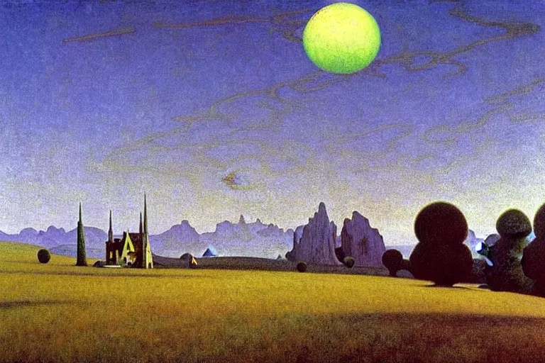 Image similar to realistic detailed landscape painting a single edward hopper house in a plain field, single ufo in the sky, futuristic sci-fi forest on background by Jean Delville, Amano, Yves Tanguy, Alphonse Mucha, Ernst Haeckel, Edward Robert Hughes, Roger Dean, rich moody colours, blue eyes