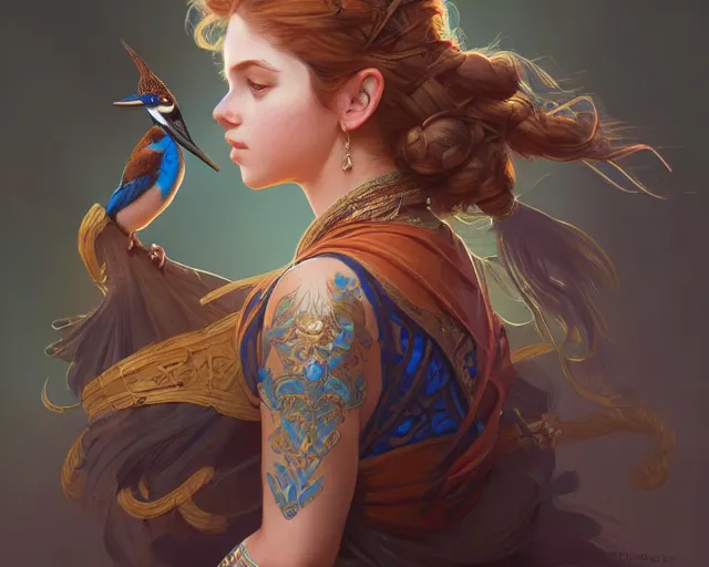 Image similar to a girl clothes inspired by a kingfisher, deep focus, d & d, fantasy, intricate, elegant, highly detailed, digital painting, artstation, concept art, matte, sharp focus, illustration, hearthstone, art by artgerm and greg rutkowski and alphonse mucha