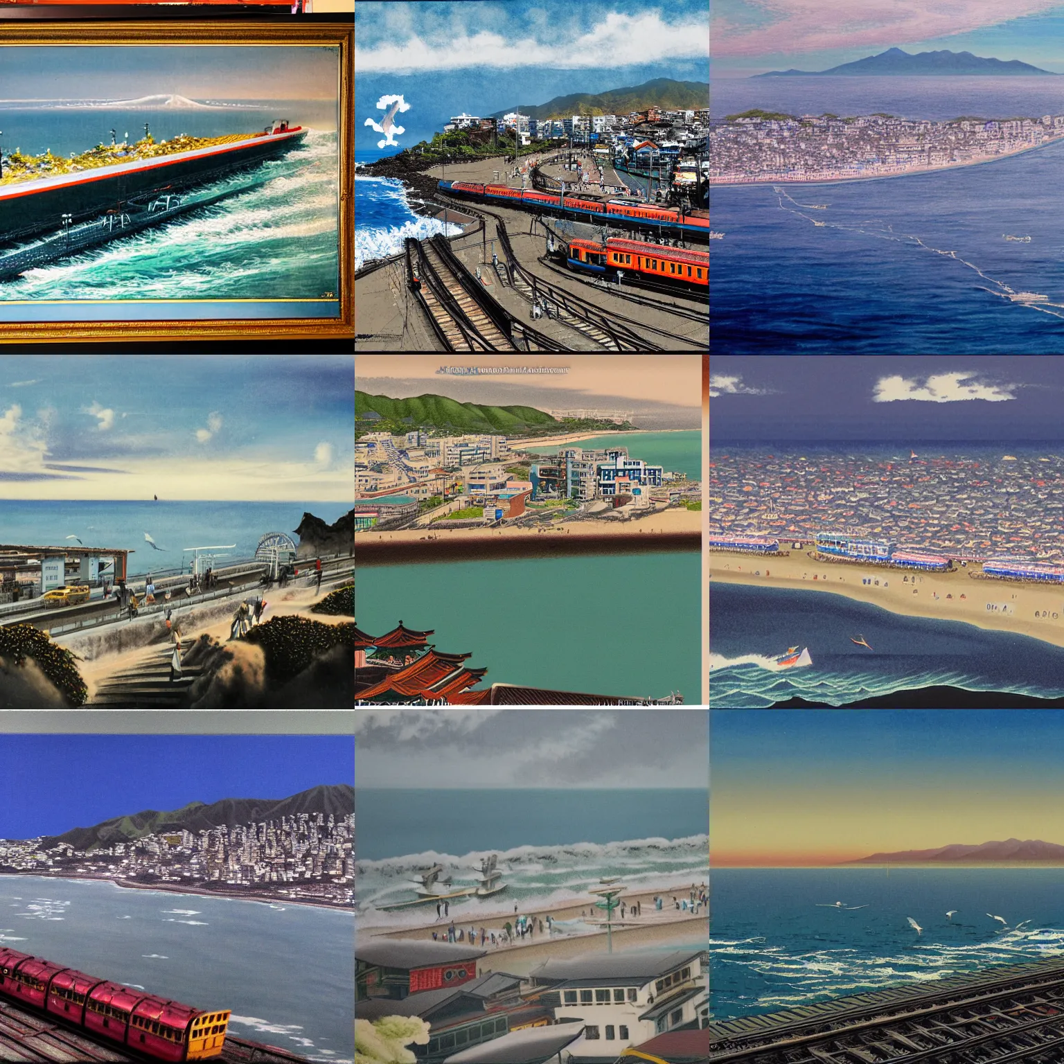 Prompt: azimuth matte painting of Japan Shonan Enoshima, highly detailed, sea, train, cinematic shot