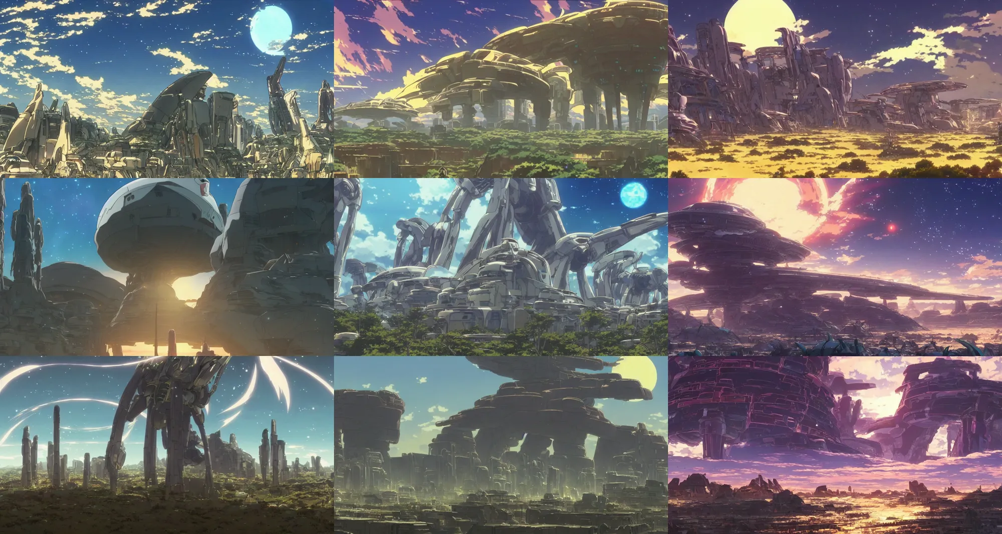 Prompt: screenshot from the award-winning science fiction anime film by makoto shinkai, towering ruins of alien megastructures, desert alien planet, from the anime film by studio ghibli