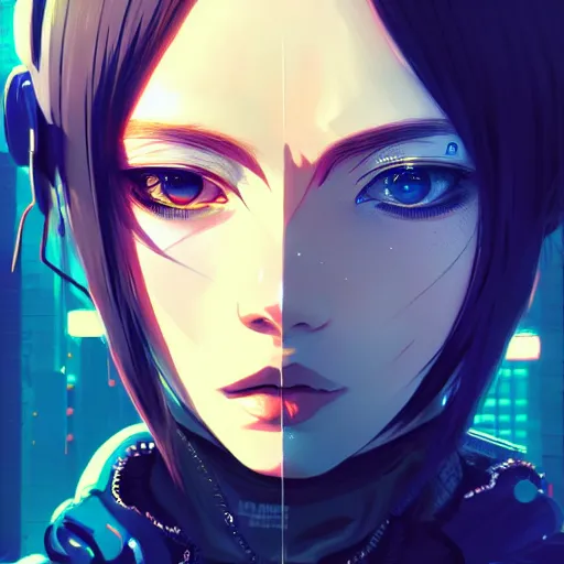 Image similar to by kyoto animation, cool girl wearing cyberpunk intricate streetwear, beautiful, detailed symmetrical close up portrait, intricate complexity, in the style of artgerm and ilya kuvshinov, cell shaded, 4 k, concept art, by wlop, krenz cushart, greg rutkowski, pixiv. cinematic dramatic atmosphere, cinematic lighting, studio quality