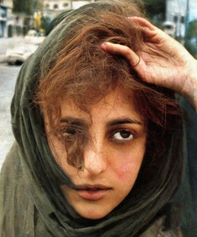 Image similar to a color photograph of persian girl in tehran's streets, by nan goldin, out of place, intense, bold, exaggerated, over proportion, painted over by andrew wyeth, hyperrealistic, ultra sharp, extra details, ultra high quality,