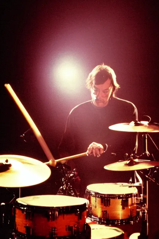 Prompt: award winning photo of Neil Peart playing drums, 1990, on stage, dramatic lighting,