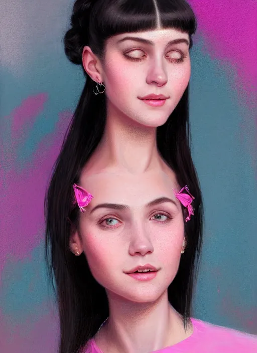 Image similar to portrait of teenage girl, narrow face, black hair, bangs, half updo hairstyle, skinny, smile, unattractive, defined jawline, big chin, wearing pink hair bow, earrings, intricate, elegant, glowing lights, highly detailed, digital painting, artstation, sharp focus, illustration, art by wlop, mars ravelo and greg rutkowski