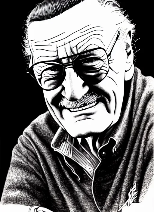 Prompt: stan lee, extremely detailed, bold line art, by vincent di fate and joe fenton and artgerm, marvel, inking, etching, screen print, masterpiece, trending on artstation, sharp, high contrast, hyper realistic, hd, 4 k, 8 k