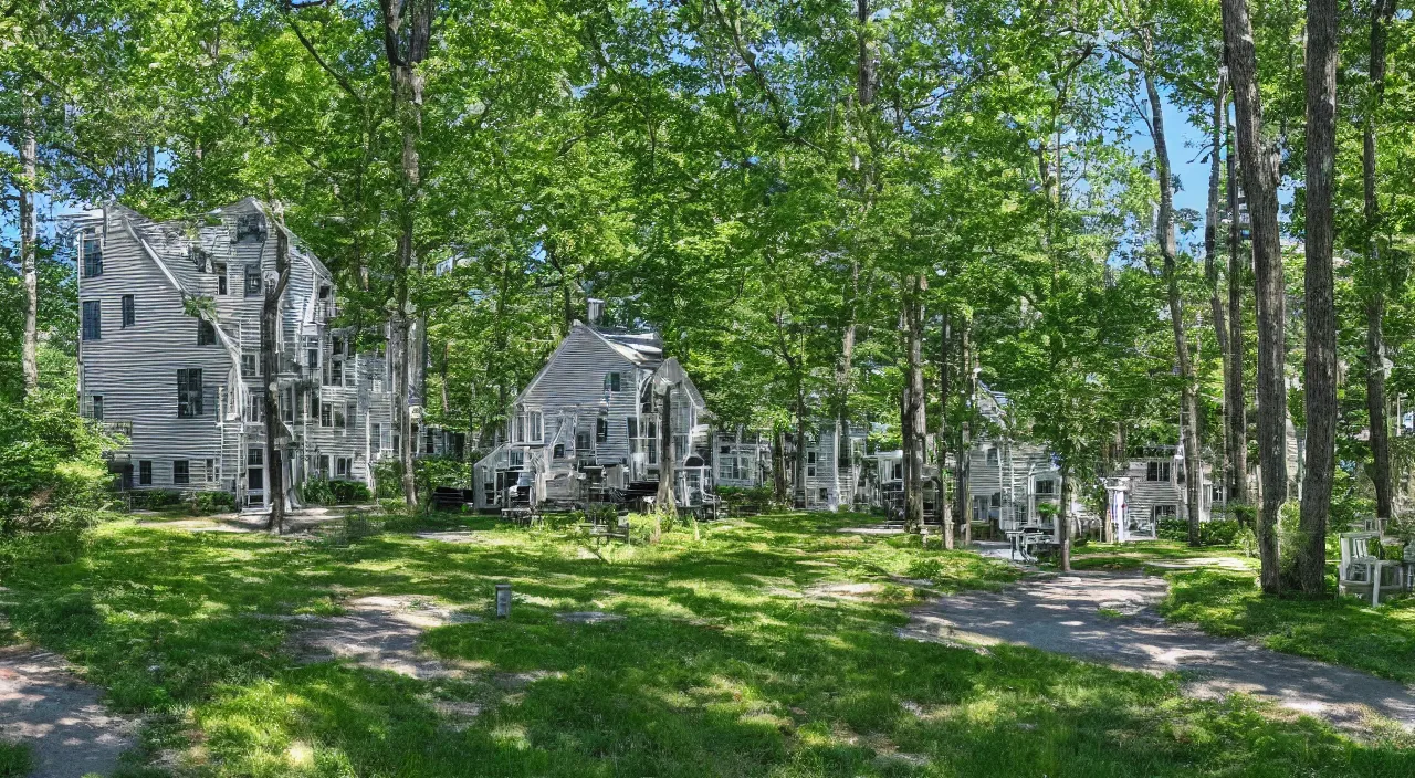 Prompt: A quaint townhouse in the wild and lush cape cod woods in the middle of the summer on a memorable day.