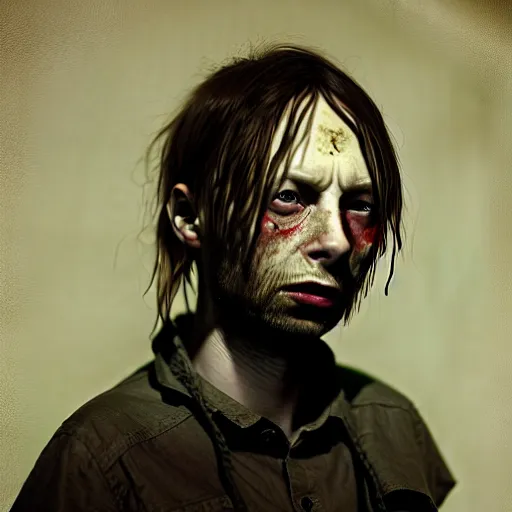 Image similar to young thom yorke as a zombie looking unsure, 7 days to die zombie, fine art, award winning, intricate, elegant, sharp focus, cinematic lighting, rimlight, digital painting, 8 k concept art, art by z. w. gu, art by brom, art by michael hussar, 8 k