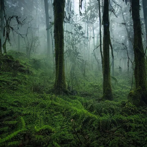 Image similar to a cinematographic wide shot of a lush and dense forest with anthropogenic moss, vines and ferns, dusk light filtering from the trees below. The scene is apocalyptic, eerie but serene, volumetric, 8k, high resolution