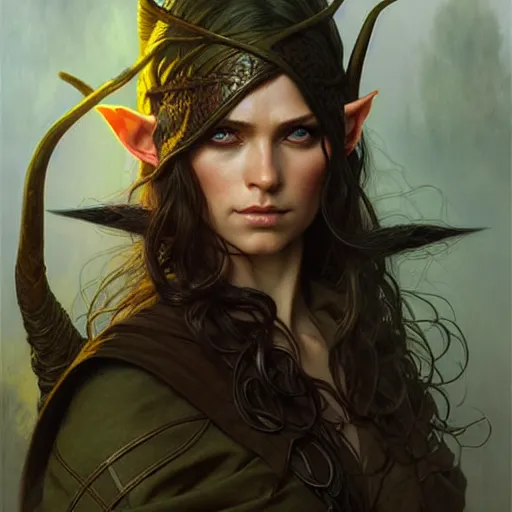 Image similar to portrait of a elven ranger, dark, piercing eyes, gentle expression, witchy clothing, photorealistic, highly detailed, artstation, smooth, sharp focus, art by michael whelan, artgerm, greg rutkowski and alphonse mucha