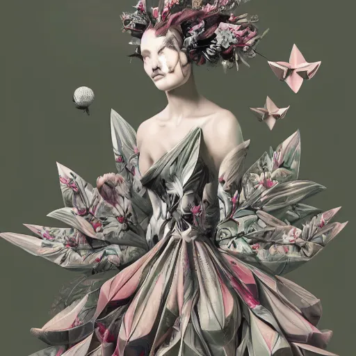 Image similar to 3 / 4 view of a beautiful girl wearing an origami dress, eye - level medium shot, fine floral ornaments in cloth and hair, hummingbirds, elegant, by eiko ishioka, givenchy, banksy, by peter mohrbacher, centered, fresh colors, origami, fashion, detailed illustration, vogue, japanese, reallusion character creator