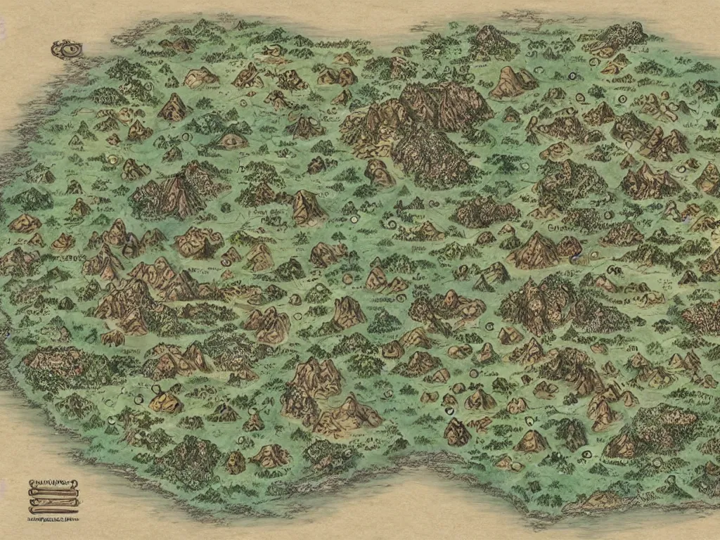 Image similar to an incredibly detailed map of a fantasy world with elaborate biomes and illustrations