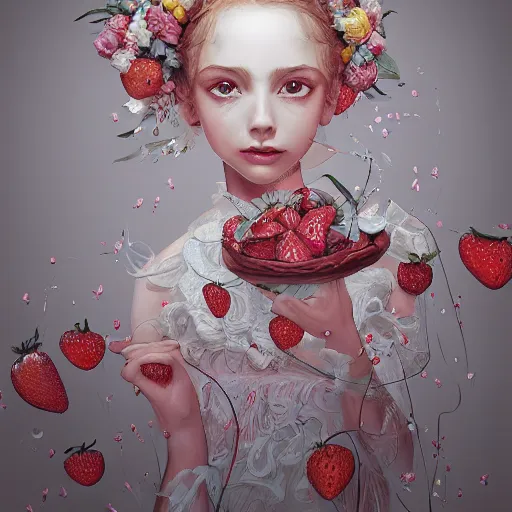 Image similar to the portrait of an absurdly beautiful, graceful, elegant, sophisticated, fashionable little girl made of strawberries and white petals looking down, an ultrafine hyperdetailed illustration by kim jung gi, irakli nadar, intricate linework, bright colors, octopath traveler, final fantasy, unreal engine 5 highly rendered, global illumination, radiant light, detailed and intricate environment