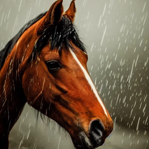 Prompt: photorealistic emo horse smiling widely gazing into the camera in the rain, stylish lighting, award winning photo