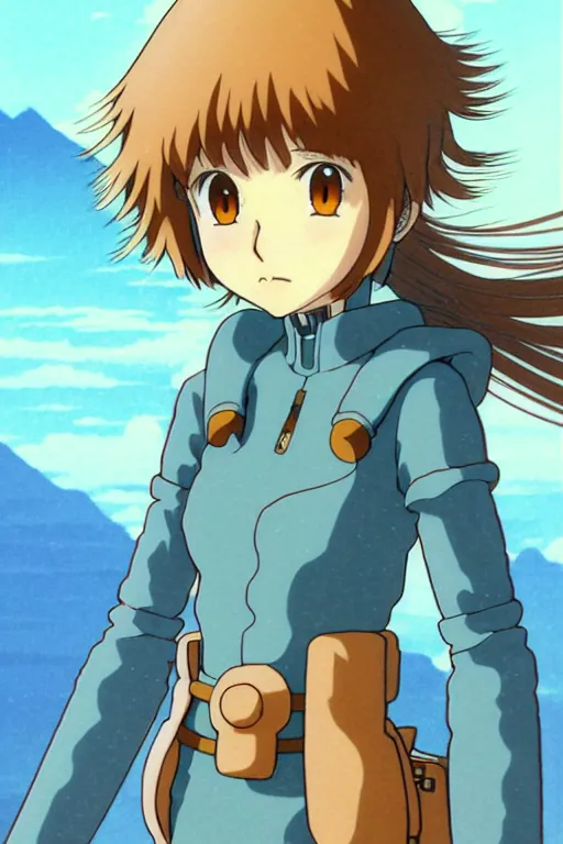 Image similar to anime art full body portrait character nausicaa by hayao miyazaki concept art, anime key visual of elegant young female, short brown hair and large eyes, finely detailed perfect face delicate features directed gaze, valley and mountains background, trending on pixiv fanbox, studio ghibli, extremely high quality artwork by kushart krenz cute sparkling eyes