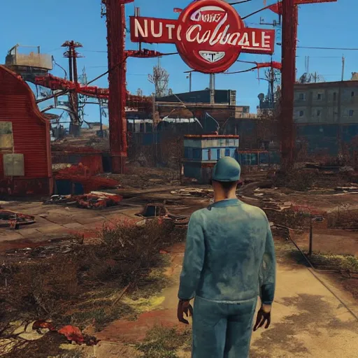 Prompt: nuka cola bottling plant, atlanta in ruins post - nuclear war in fallout 4, in game screenshot