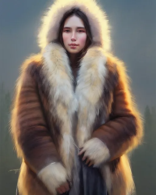 Prompt: a beautiful siberian girl with bear fur coat | | realistic shaded, unpleasant face, bad looking, fine details, realistic shaded lighting poster by greg rutkowski, magali villeneuve, artgerm, jeremy lipkin and michael garmash and rob rey