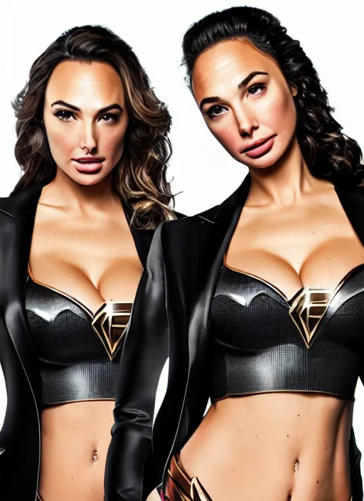 Image similar to portrait of lindsey pelas and gal gadot as a spy wearing tuxedo, by charlotte grimm, natural light, detailed face, beautiful features, symmetrical, canon eos c 3 0 0, ƒ 1. 8, 3 5 mm, 8 k, medium - format print, half body shot