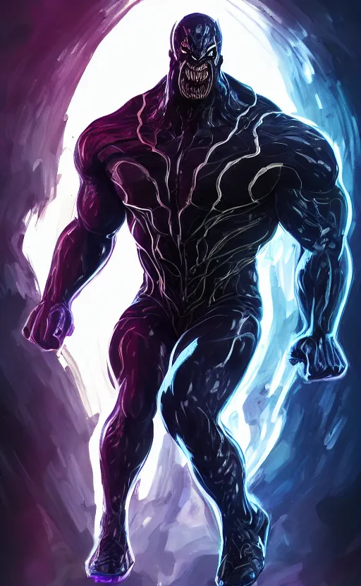 Image similar to full body portrait of venom as thanos, dynamic lighting, cinematic, ultra detailed, trending on art station, stunning visuals, creative, fantasy concept art