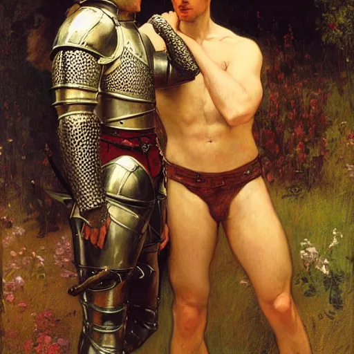 Image similar to attractive fully clothed arthur pendragon confesses his love for his attractive fully clothed male knight. highly detailed painting by gaston bussiere and j. c. leyendecker 8 k