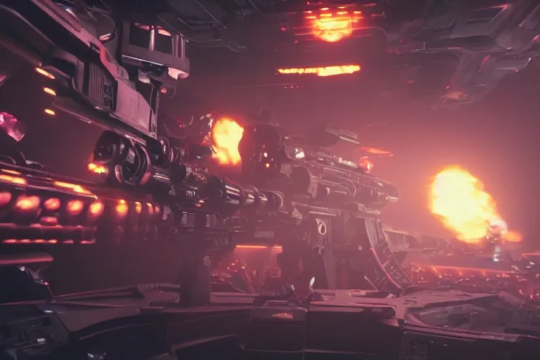 Image similar to VFX movie of a futuristic inhuman alien spacemarines in future spaceship, firing gun at space pirates detailed creature skin neon lighting by Emmanuel Lubezki