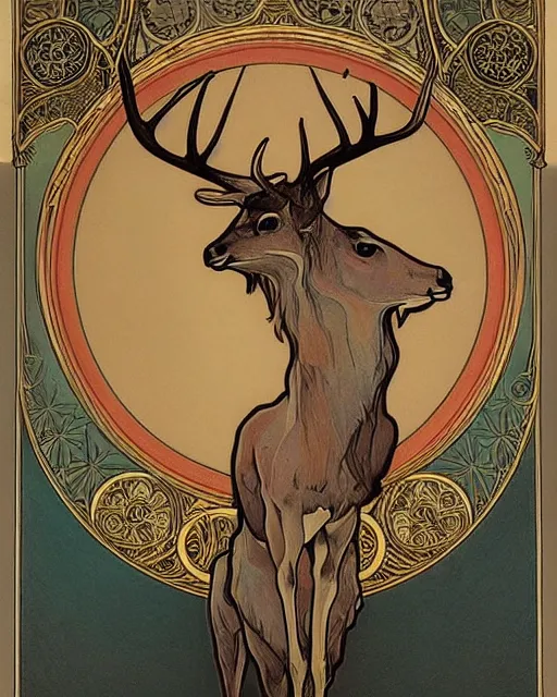 Image similar to an art nouveau painting of a deer with antlers, highly detailed, intricate, artstation, by alphonse mucha