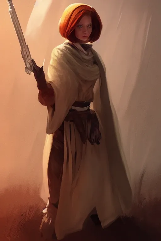 Image similar to karen gillian dressed as obi wan kenobi from star wars, trending on artstation, drawn by WLOP