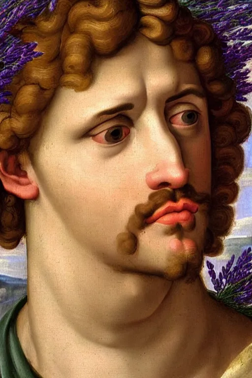 Image similar to renaissance painting of men, portrait, gossip face closeup, emotions closeup, dressed in roman clothes, the beautiful garden with lavender bush everywhere, ultra detailed, art by guido reni style, vincenzo catena style