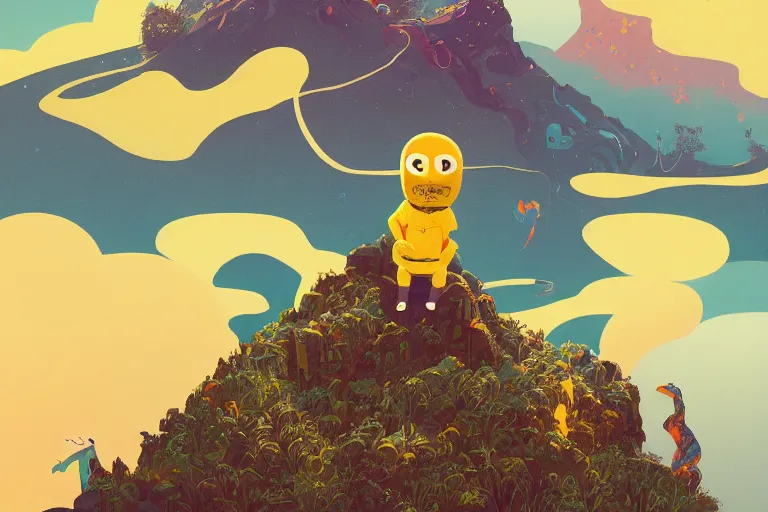 Prompt: Adorably cute portrait of Banana man on top of a mountain , artstation winner by Victo Ngai, Kilian Eng and by Jake Parker, swirly vibrant color lines, winning-award masterpiece, fantastically gaudy, aesthetic octane render, 8K HD Resolution