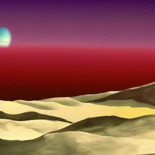 Prompt: artists rendering of the surface of planet X-305-W, the sky is a deep maroon, the grass is purple, and the mountains tower above you